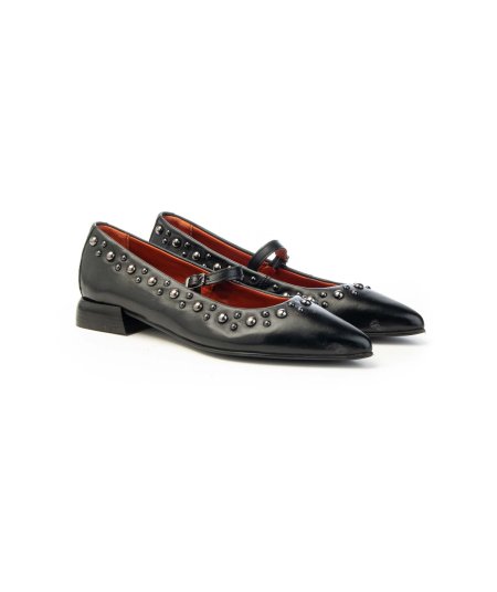 Ballerina Mjus T98108 in pelle nera con borchie e cinturino Donna